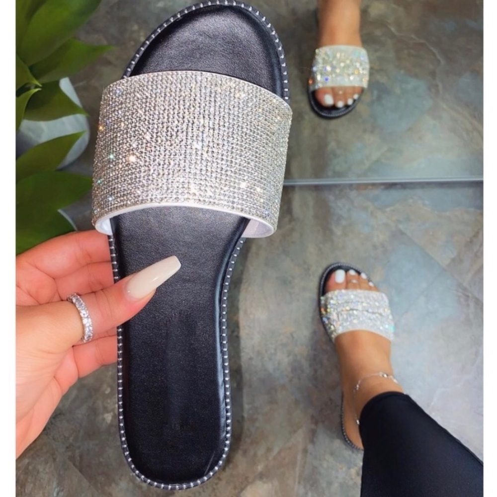 White Rhinestone Band Slip On Flip Flop Sandals - Picture 3 of 10